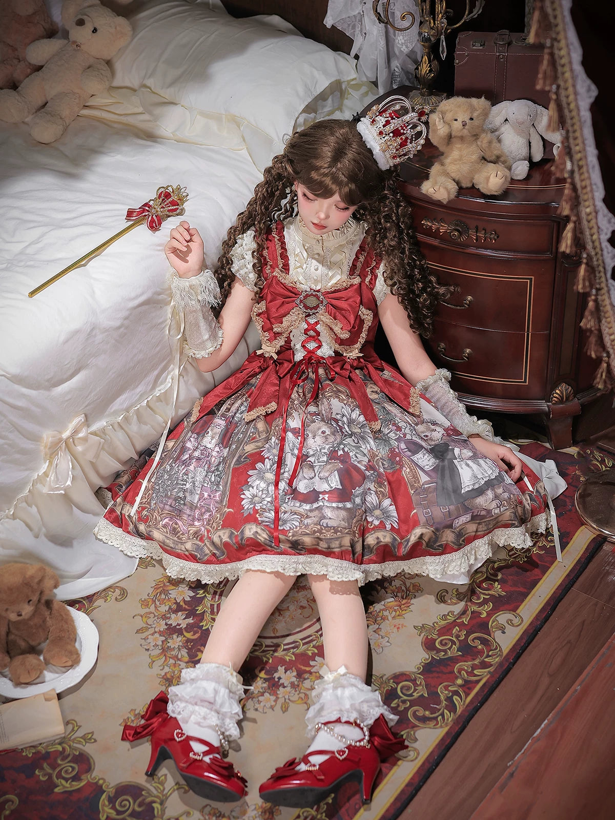 Mysterious Ribe - Red Classic Lolita Jumper Skirt & Blouse Set, Rabbit Print 45968:870064