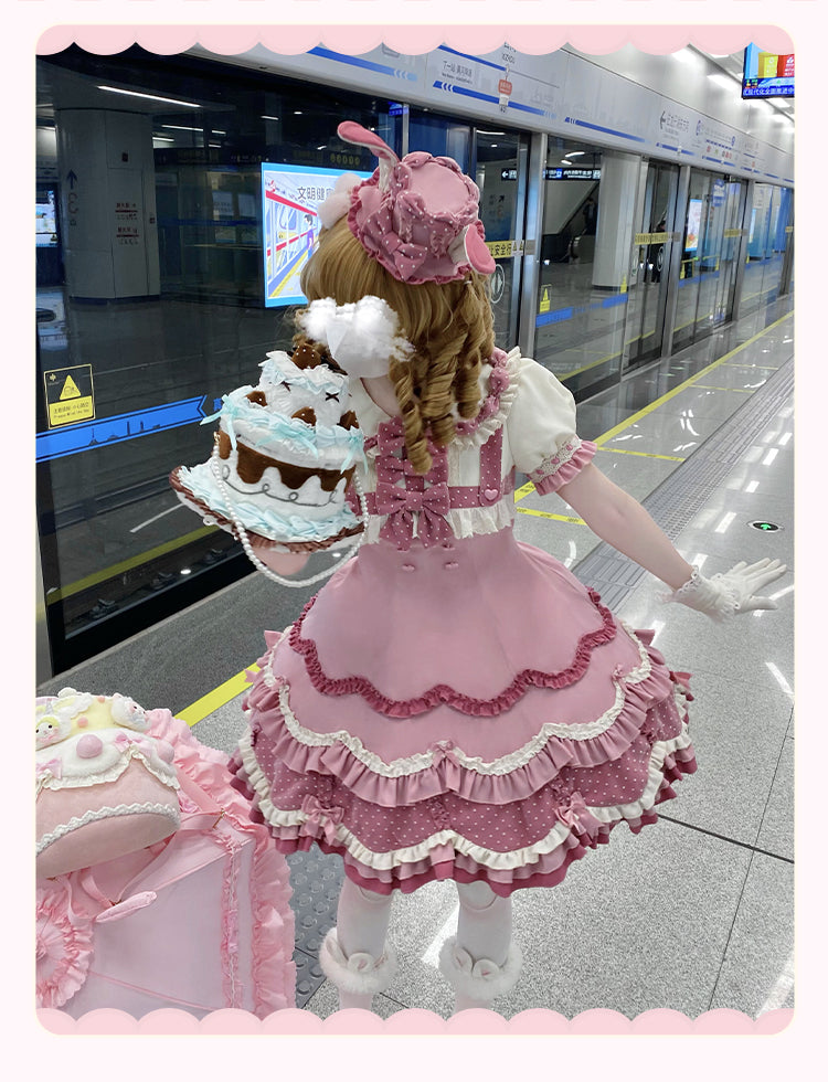 Sakurahime~Bunny Breeze~Pink Sweet Lolita OP Dress with Cute Hat and Bunny Ears