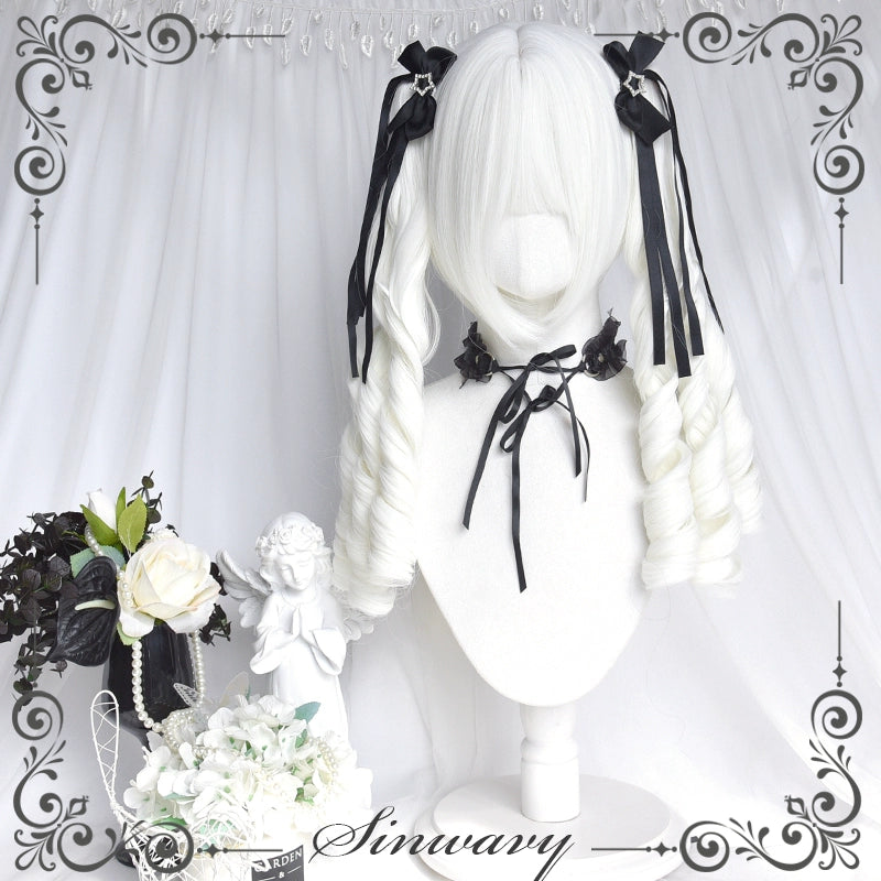 Sinwavy - White Gothic Lolita Wig, Roman Curls & Long Wavy A Short Hair + A Pair of Roman Curl Ponytails