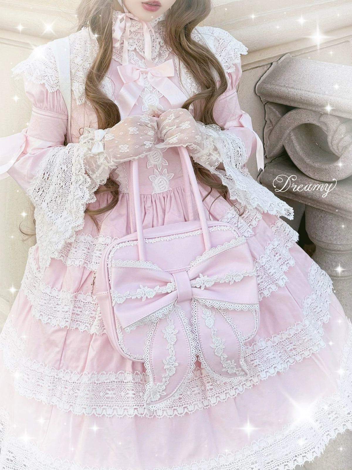 Sheep Puff - Old School Lolita Bag, Ear-Like Bow & Floral Lace