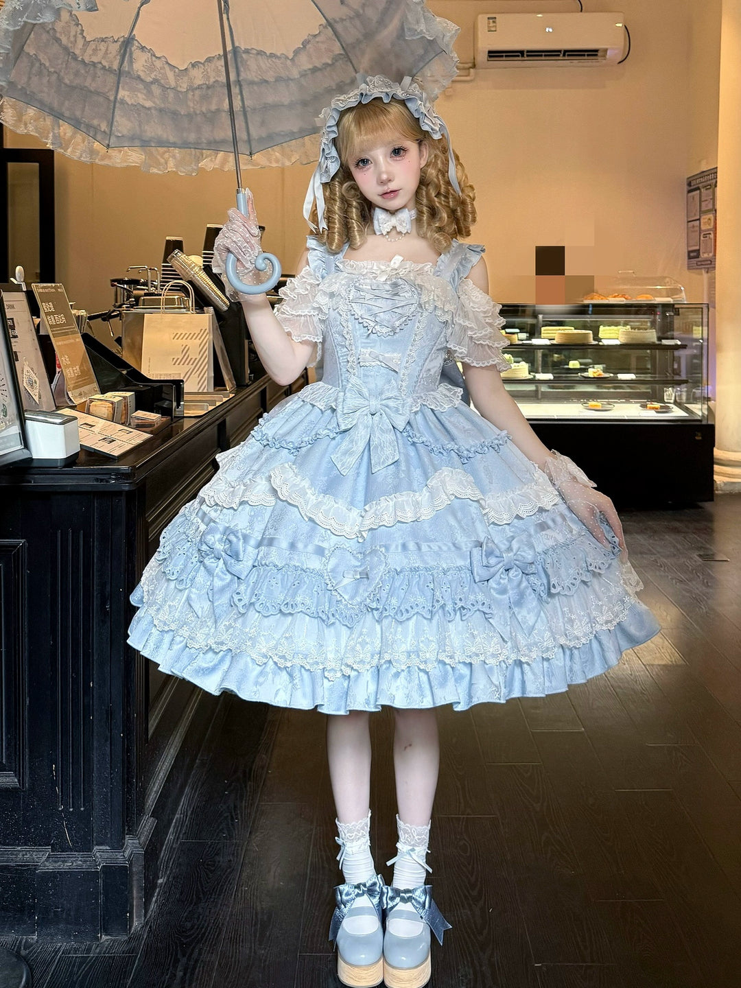 Immersive original~Belia~Old School Lolita JSK Sweet Doll Princess Dress Blue (JSK+ Trailing+ Hairband) - S