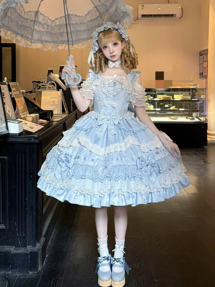 Immersive original~Belia~Old School Lolita JSK Sweet Doll Princess Dress Blue (JSK+ Trailing+ Hairband) - S  