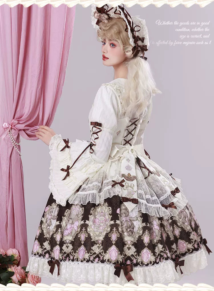 Antique Teddy Bear - Classic Lolita Printed JSK Dress with Ribbon Bows 45538:853247