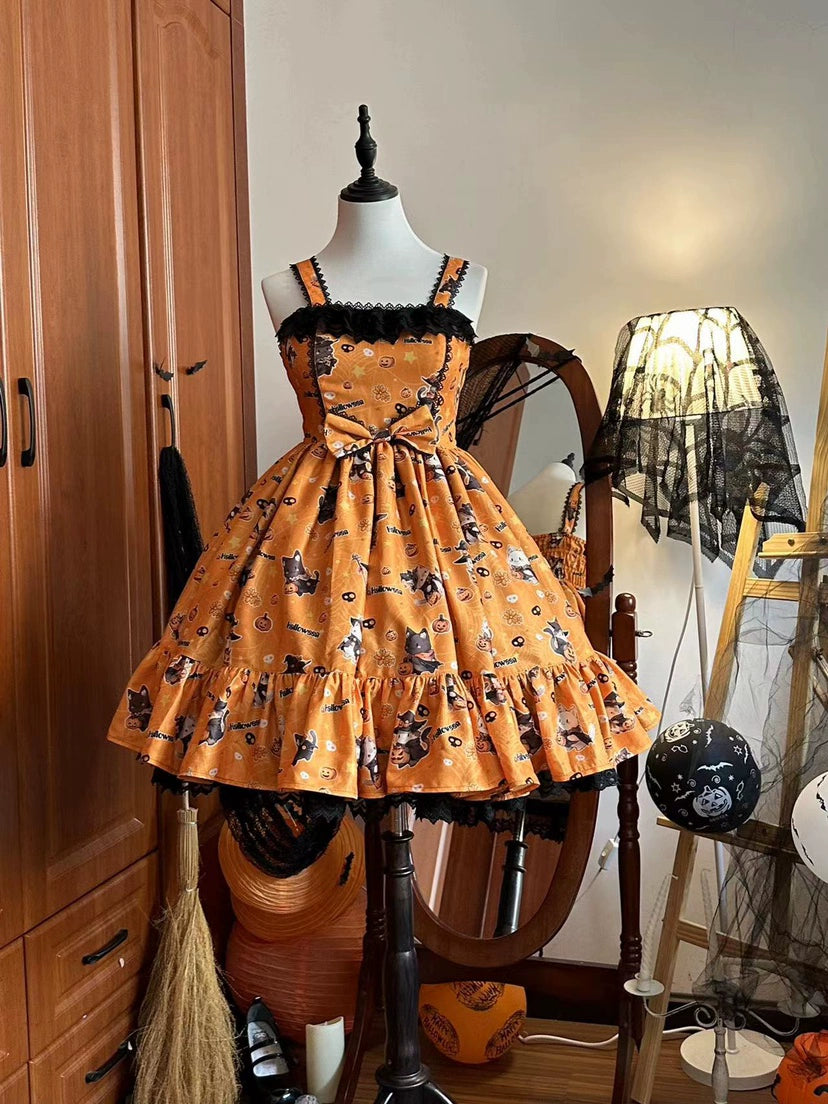 (Buyforme)Strawberry Alice~Mew Mew Witch Halloween Cat Print Lolita JSK   