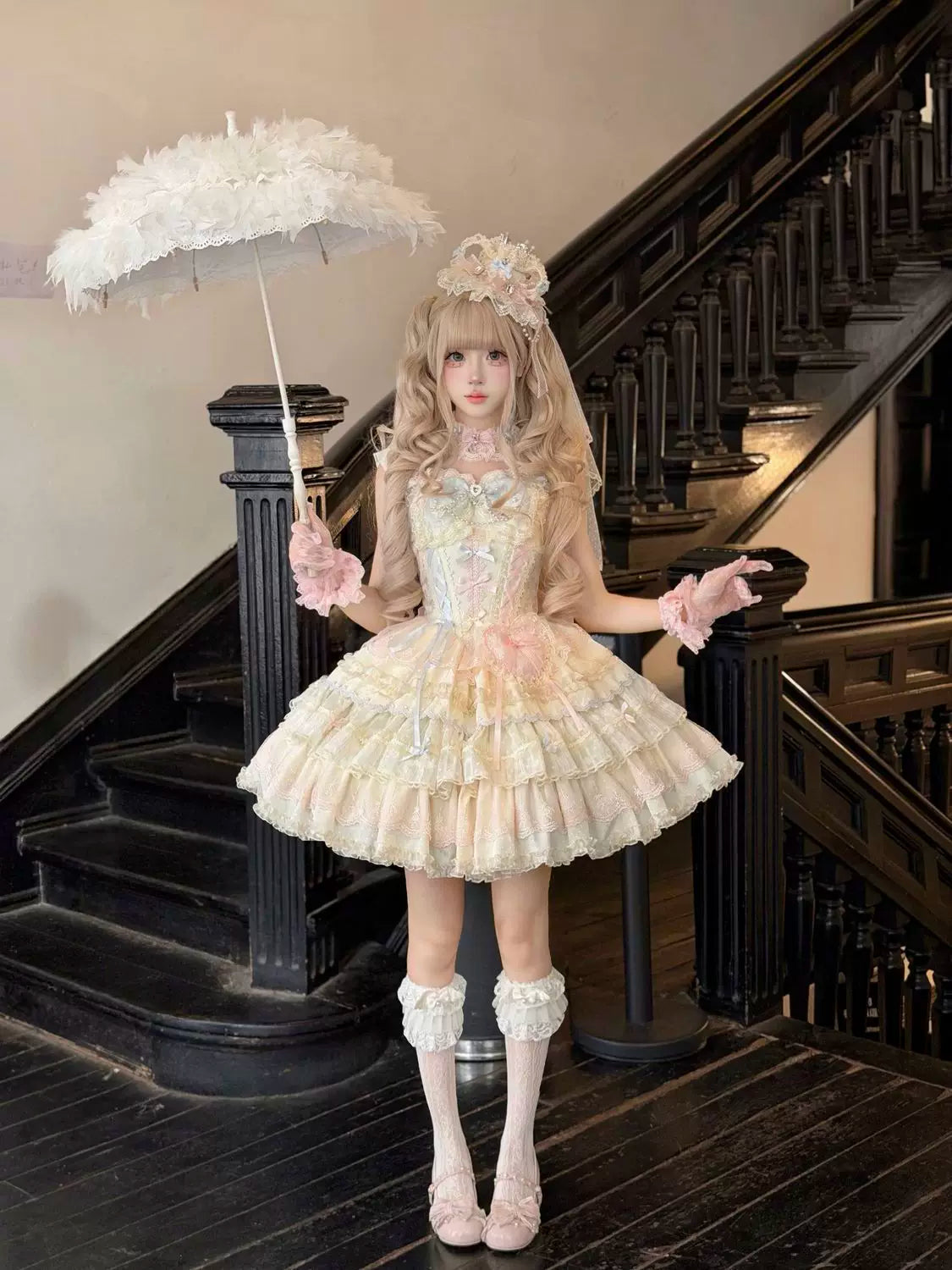 Cloud Whale Dream - Sweet Lolita Corset JSK Dress, Tiered Hem & Bows