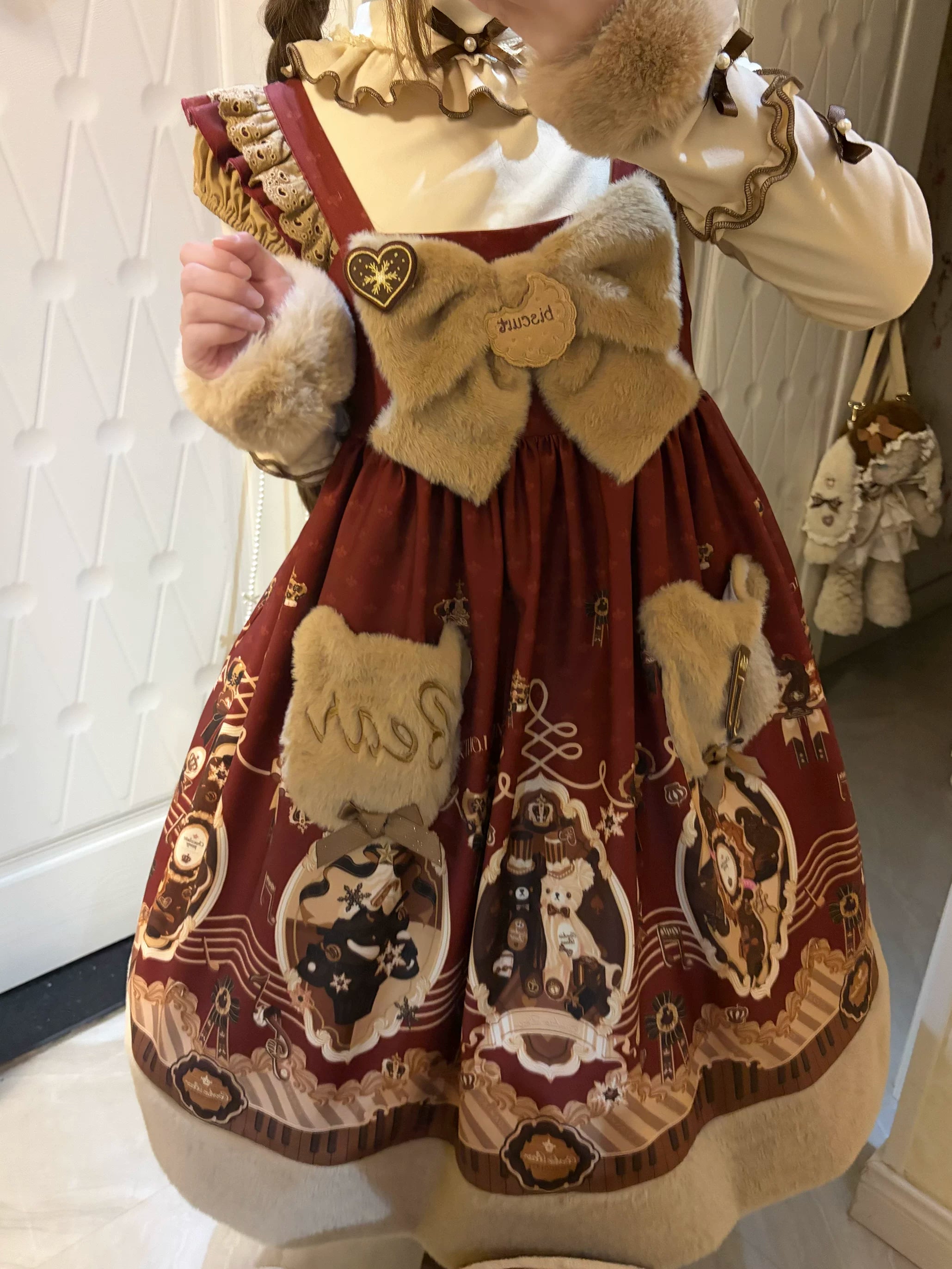 Cream Bear - Print Kawaii Lolita Fake Two-Piece OP, A-lined JSK Dress 44502:811640