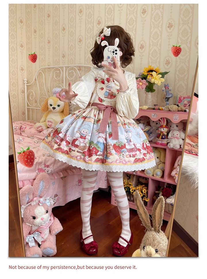 Akiyama Future Studio~Strawberry Sheep~Sweet Lolita Salopette Strawberry Sheep Print Dress   