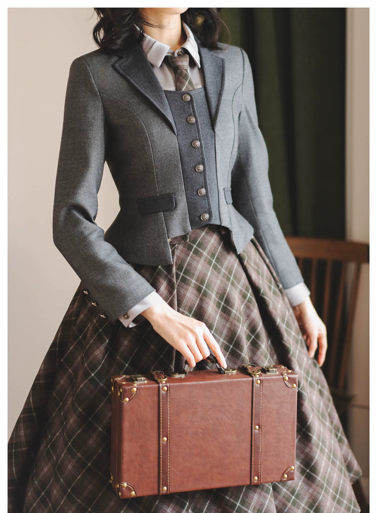 Forest Beats - Elegant Classic Lolita Suspenders Skirt, Plaid Pattern 46082:874406