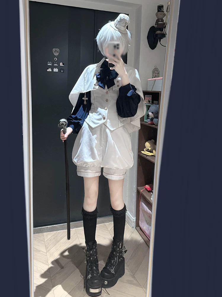 Fallen Holy Star - Ouji Lolita Ruffled Chiffon Blouse & Cape Set, Elastic Shorts 45816:863664