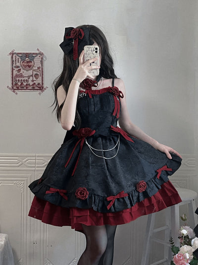 (Buyforme)Platycodon House~Romantic Contract Lolita Twin Rose Gothic JSK XS black red set (without headwear) 