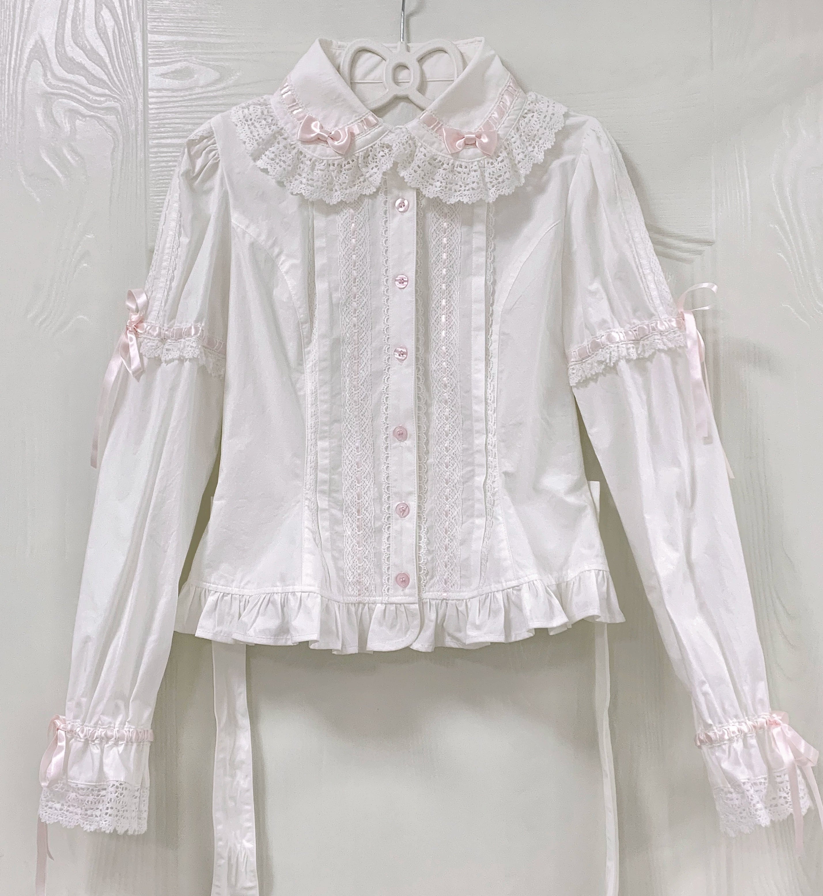 Bunny's Wish - Cotton Sweet Lolita Blouse, Long Sleeve White Blouse with Pink Ribbon (Faux Raglan Sleeve) XS