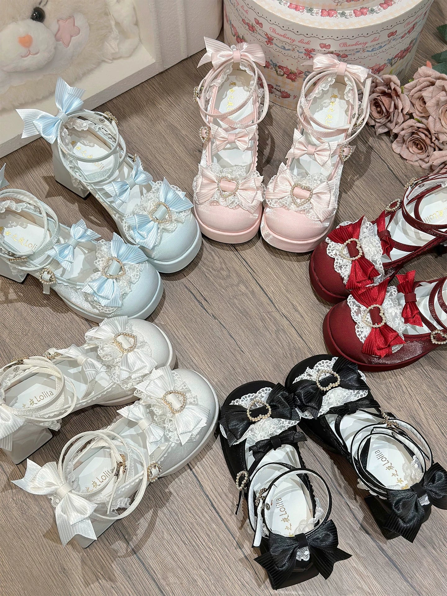 Romance of Hearts - Sweet Lolita Chunky Heeled Shoes, Pearl Heart Accents 45692:859263