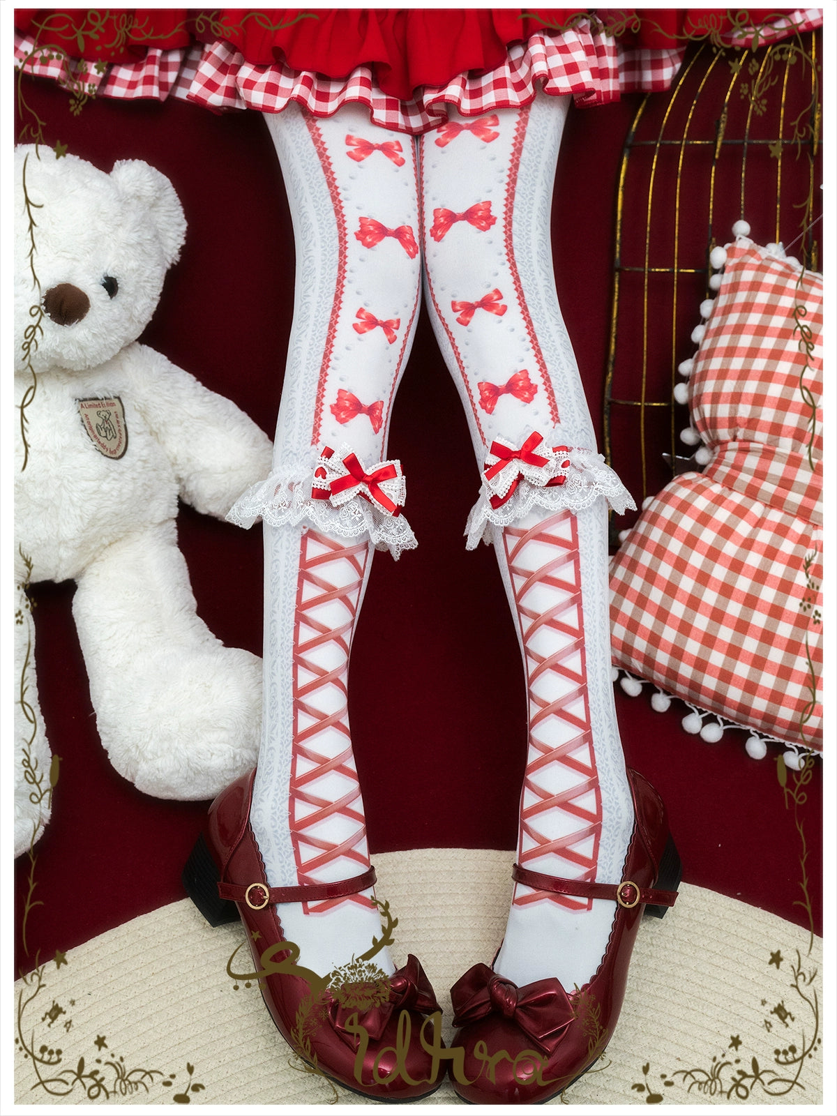 Yidhra - Christmas Lolita Pantyhose with Calf Lace Decoration Red - Luxurious Version (with a pair of calf decorations)