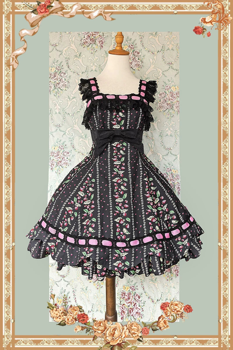 Berries & Strawberry - Old School Lolita JSK Dress Set, Strawberry Print 46097:874967