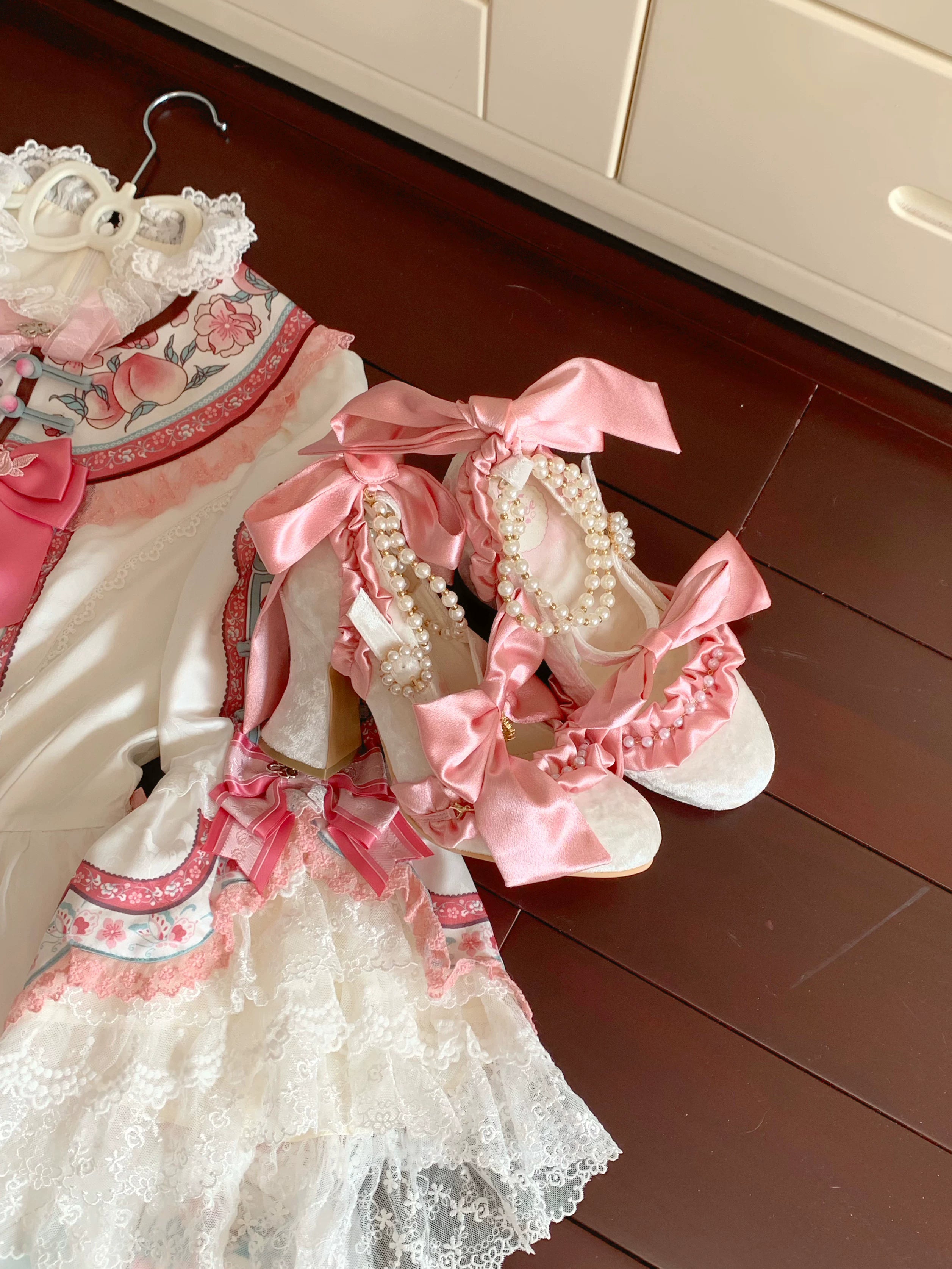 Ribbon Anthem - Wedding Classic Lolita Heels, Detachable Bow & Pearl Ribbon (34 35 36 37 38 39 40 41) 44844:825870