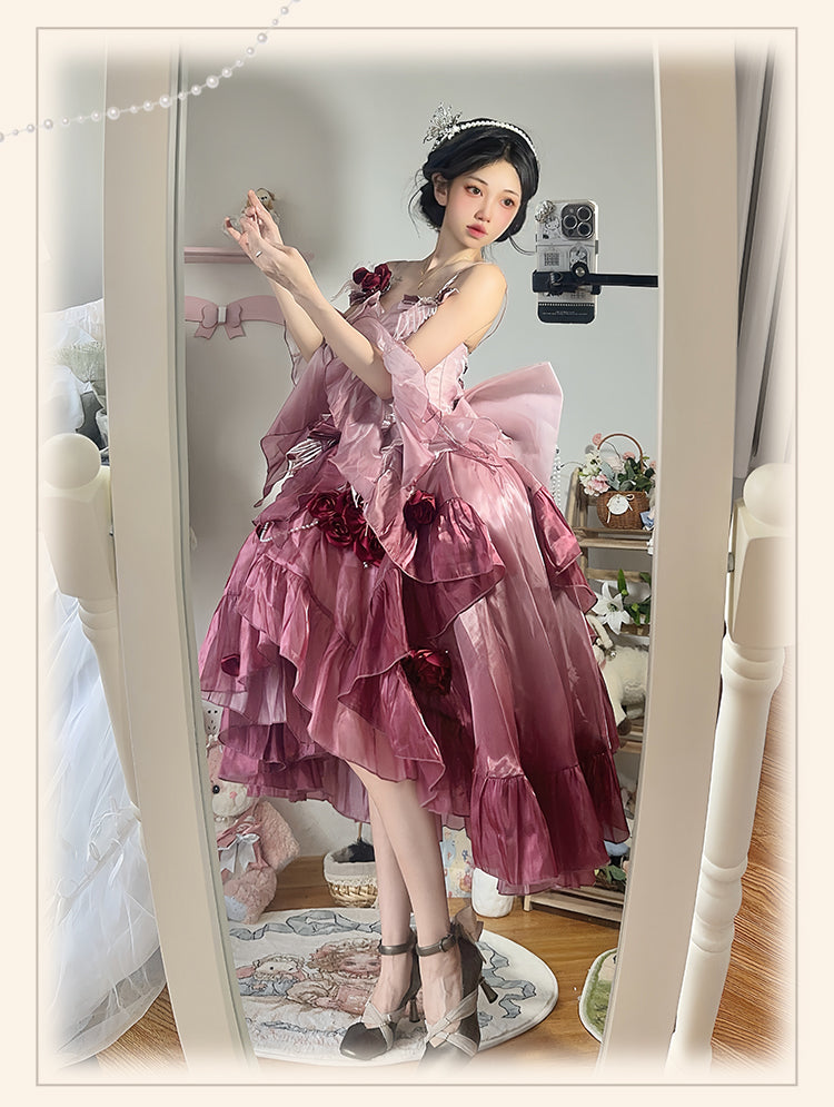 Meowing and Fruity - Swan Wonderland - Fairy Lolita JSK with High-Low Hem Plum Red - Small Set (JSK+detachable sleeves+back bow) S