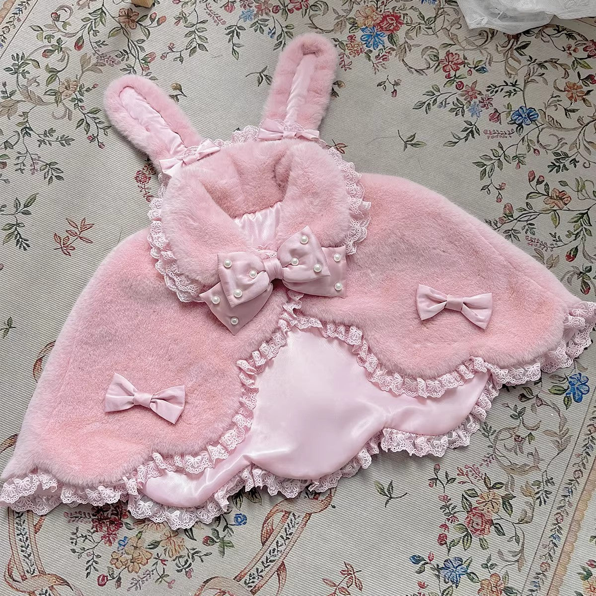 Letters from Unknown Star - Kawaii Lolita Cape Winter Lolita Shawl Daily One Size Light pink cape + light pink bow