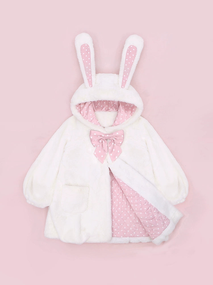 To Alice~Kawaii Lolita Fluffy Coat Bunny Ears Polka Dot Lining Overcoat size 0 cotton-lined plush coat 