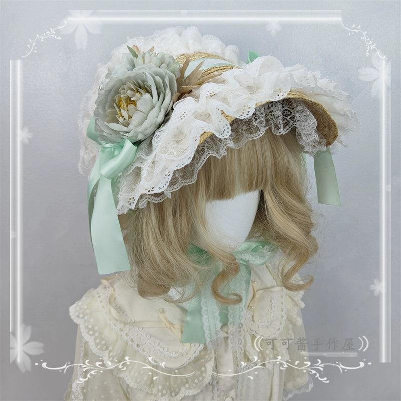 Cocoa Jam~Country Lolita Bonnet Lace Flower Flat Cap Multicolors Customized 36112:524694