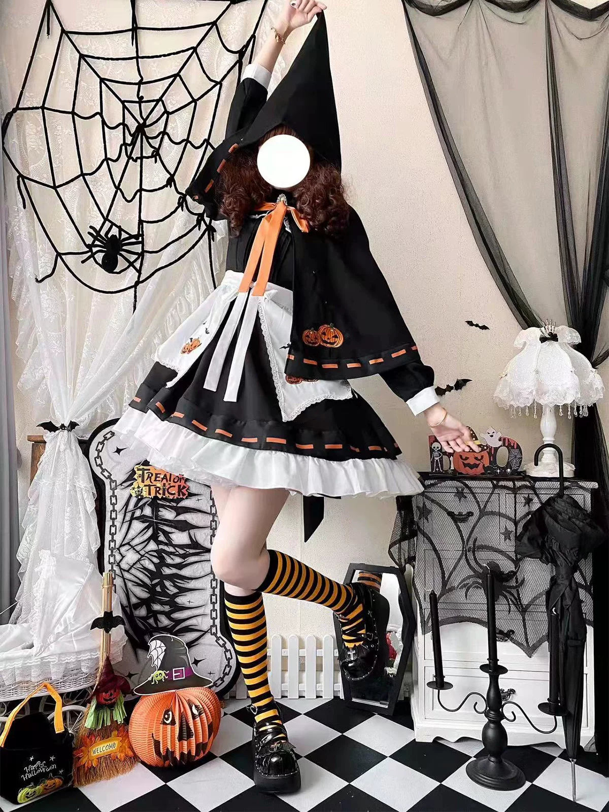 Little Witch - Halloween Gothic Lolita OP Dress Set, Pumpkin & Bat Embroidery