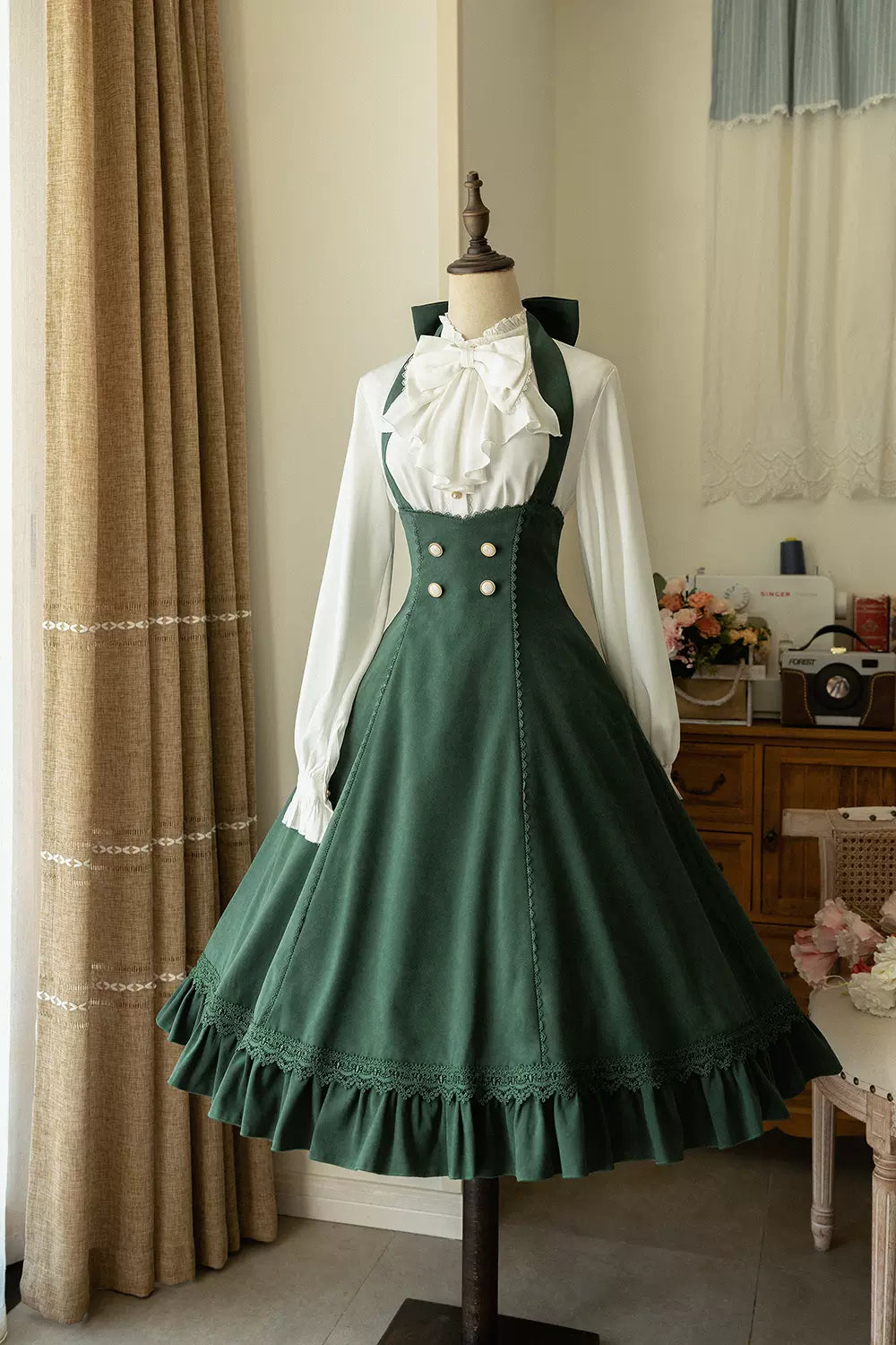 (BuyForMe) Forest Wardrobe~South of the Forest~Vintage Lolita Halter JSK Dress French Style Blouse S dark green brushed fabric JSK 