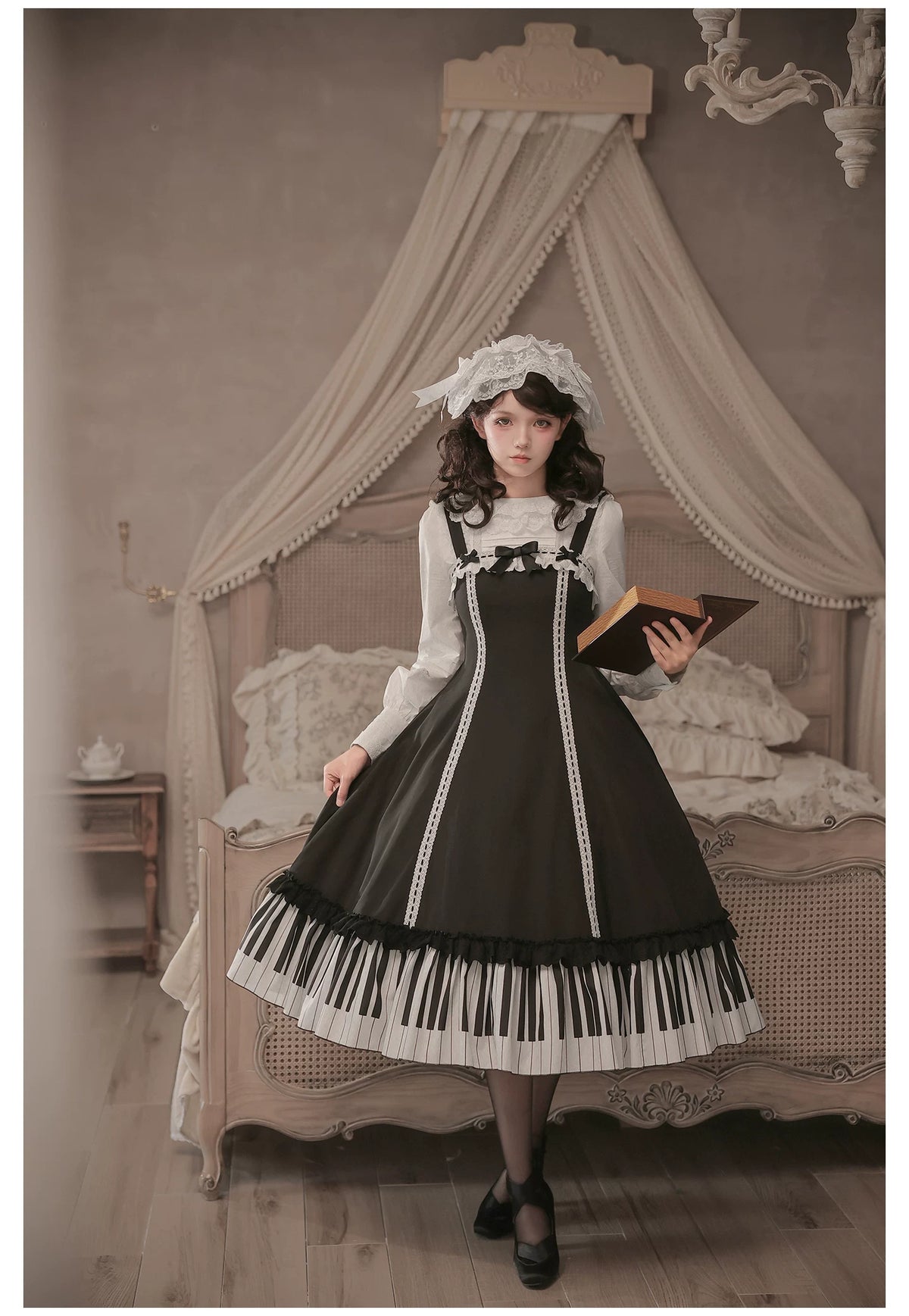 Solo Moment - Classic Lolita JSK & Blouse Dress Set, Piano Keys Print 45940:869021