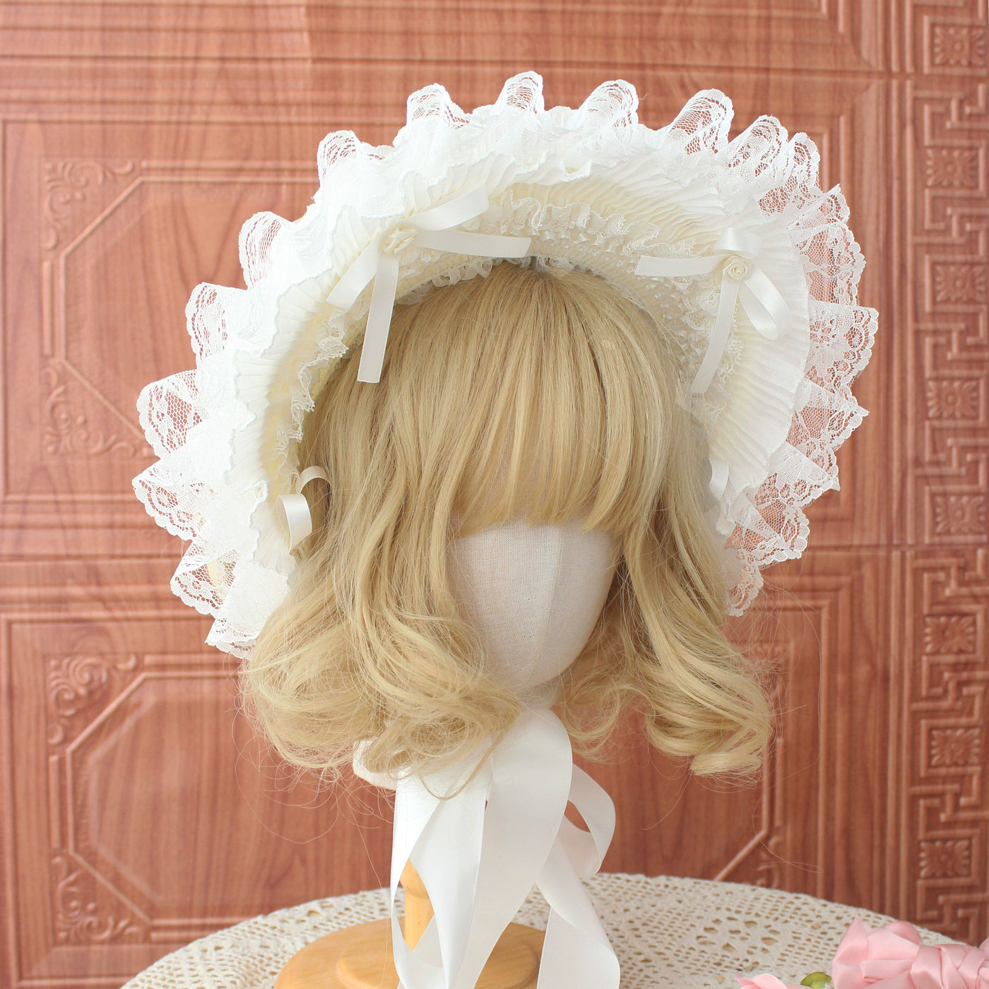 (BFM)Deer Girl Handmade~Gothic Lolita Handmade Bonnet with Bows and Beads white  