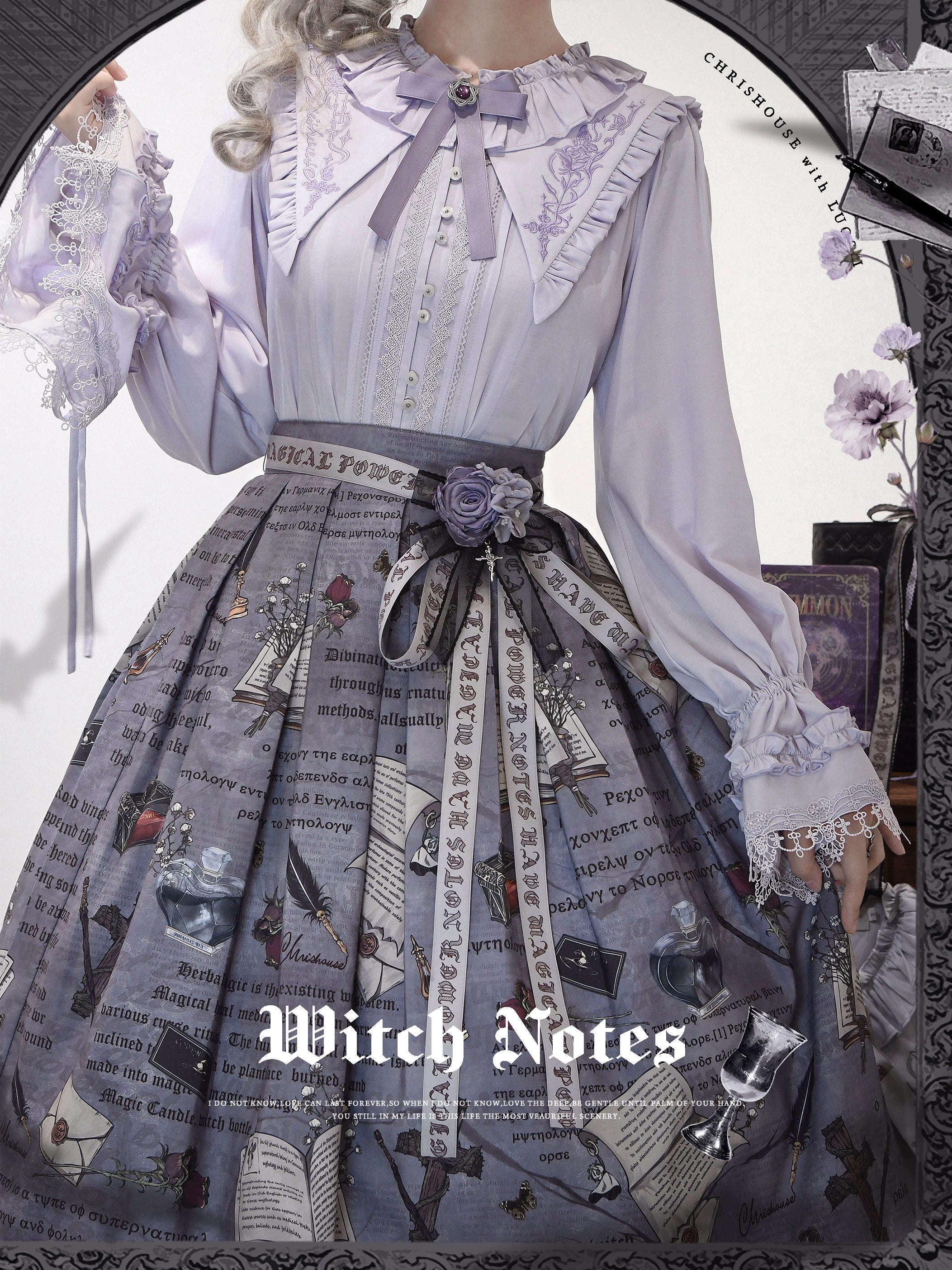 Chris House Lolita - Witch Notes - Gothic Loliat Embroidered Dress Suit, Cross and Rose Print (L M S XL) 44096:795024