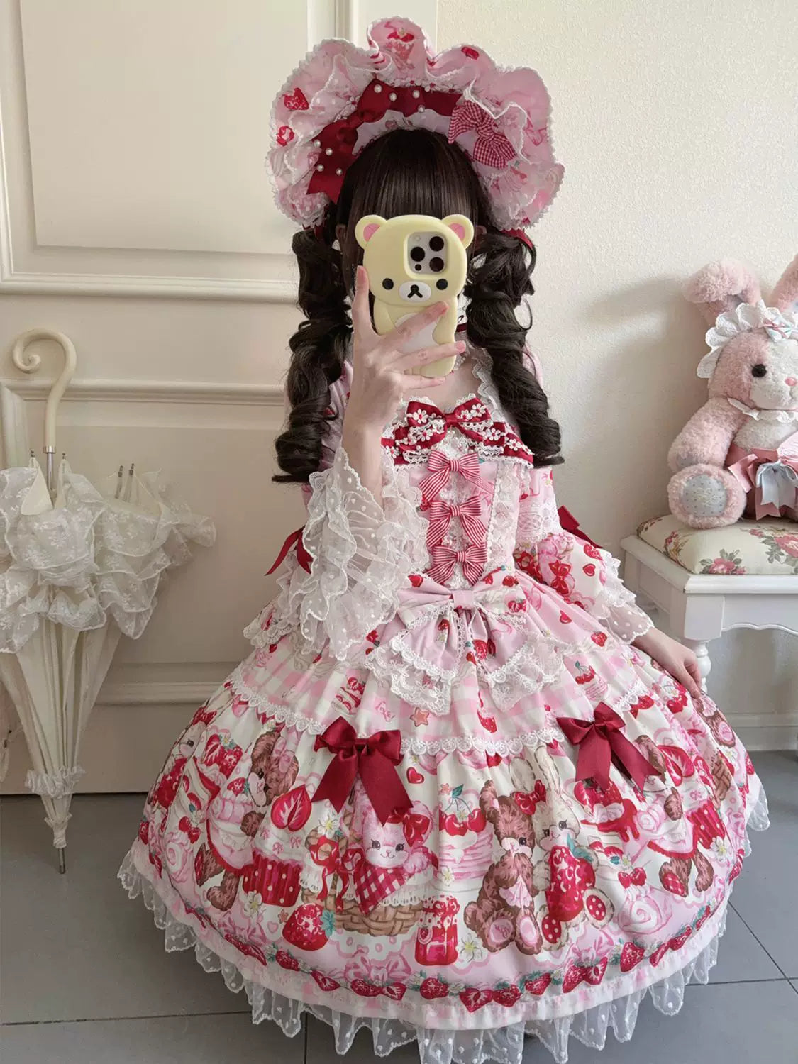 SweetBerry Bunny Bear - Sweet Lolita Hime Sleeve OP Dress, Strawberry and Bear Print