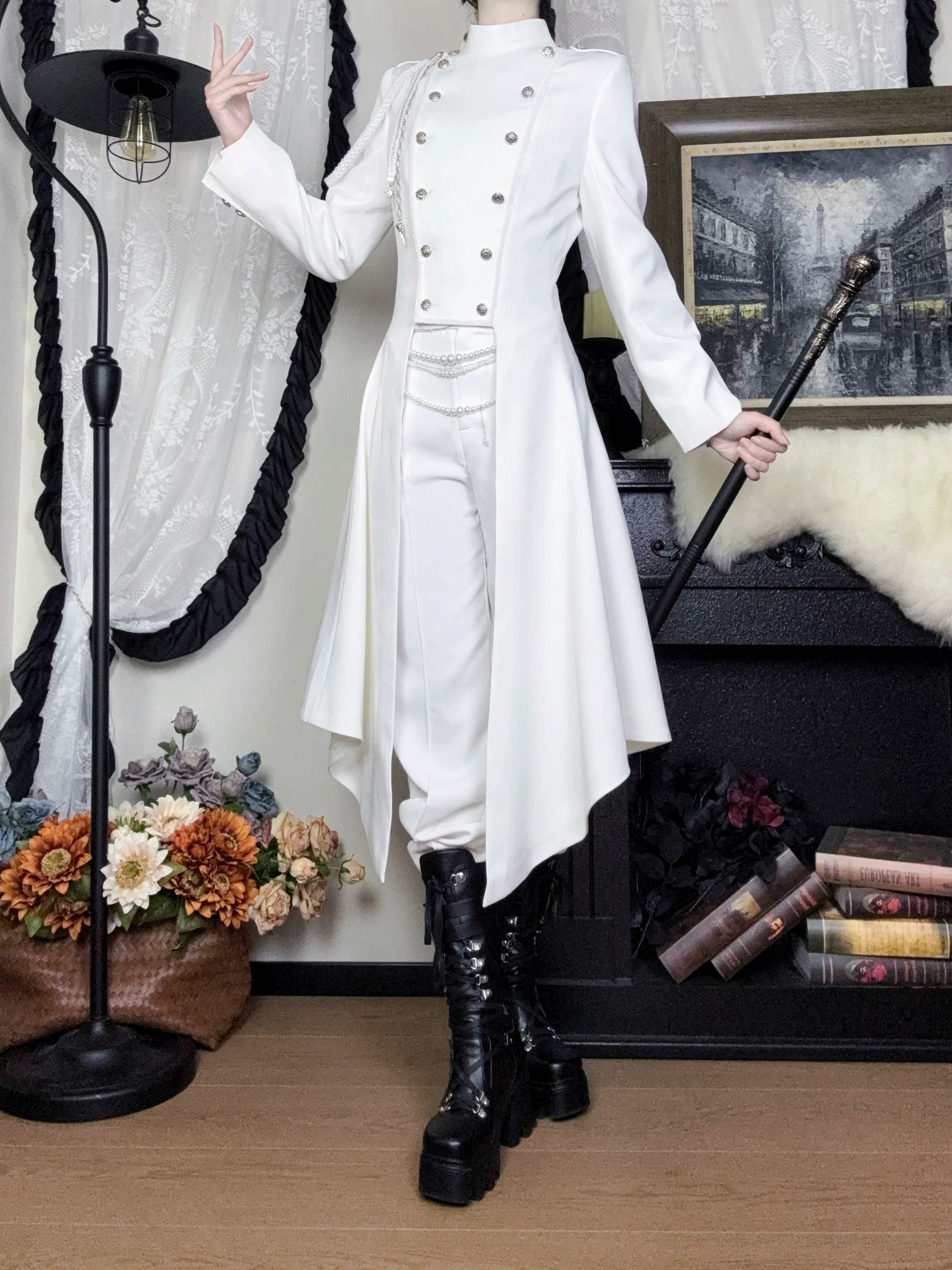 Eternal Moonlit Night - Ouji Lolita Coat, Double-Breasted High-Low Hem White Coat Only XS