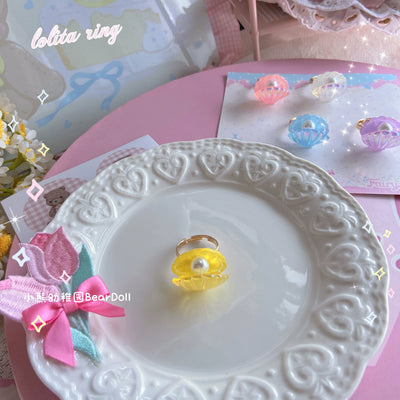 Bear Doll~Kawaii Lolita Ring Adjustable Shell Heart Shape Accessories Yellow seashell Free size 