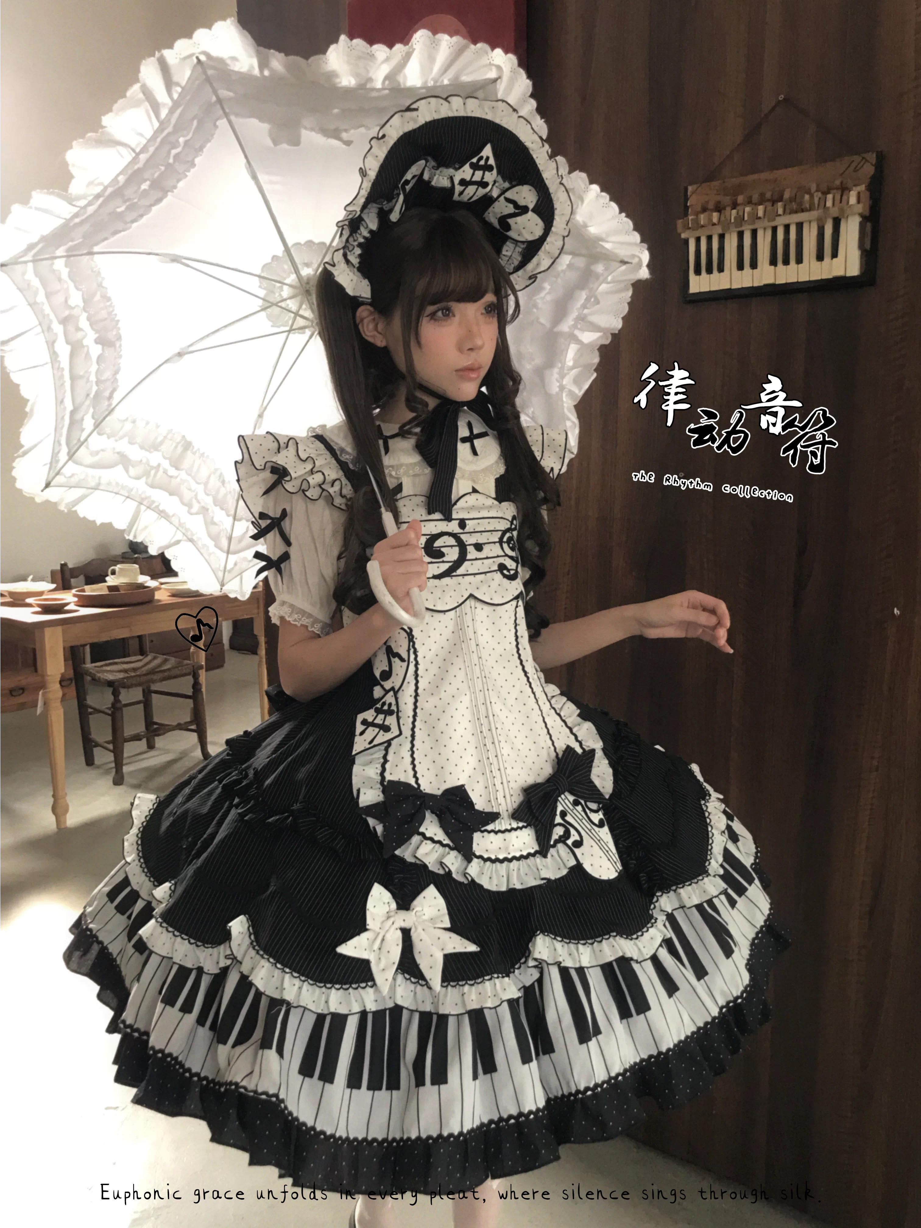 Rhythm Note - Old School Lolita JSK Dress with Piano Keys Hem 45742:860619
