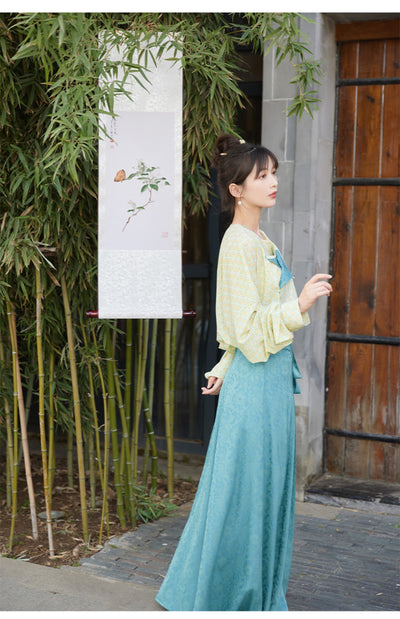 Chixia~Han Lolita Blue Eight-piece Skirt and Yellow Shirt   