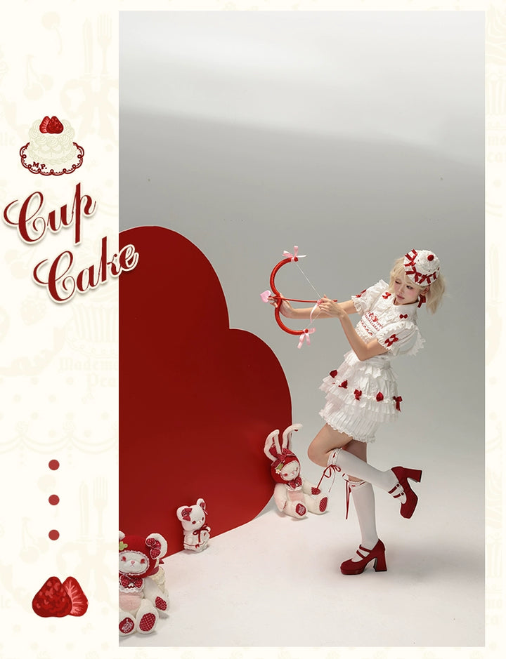 Mademoiselle Pearl - Cup Cake - White, Red Bow, Sweet Lolita Dress Set