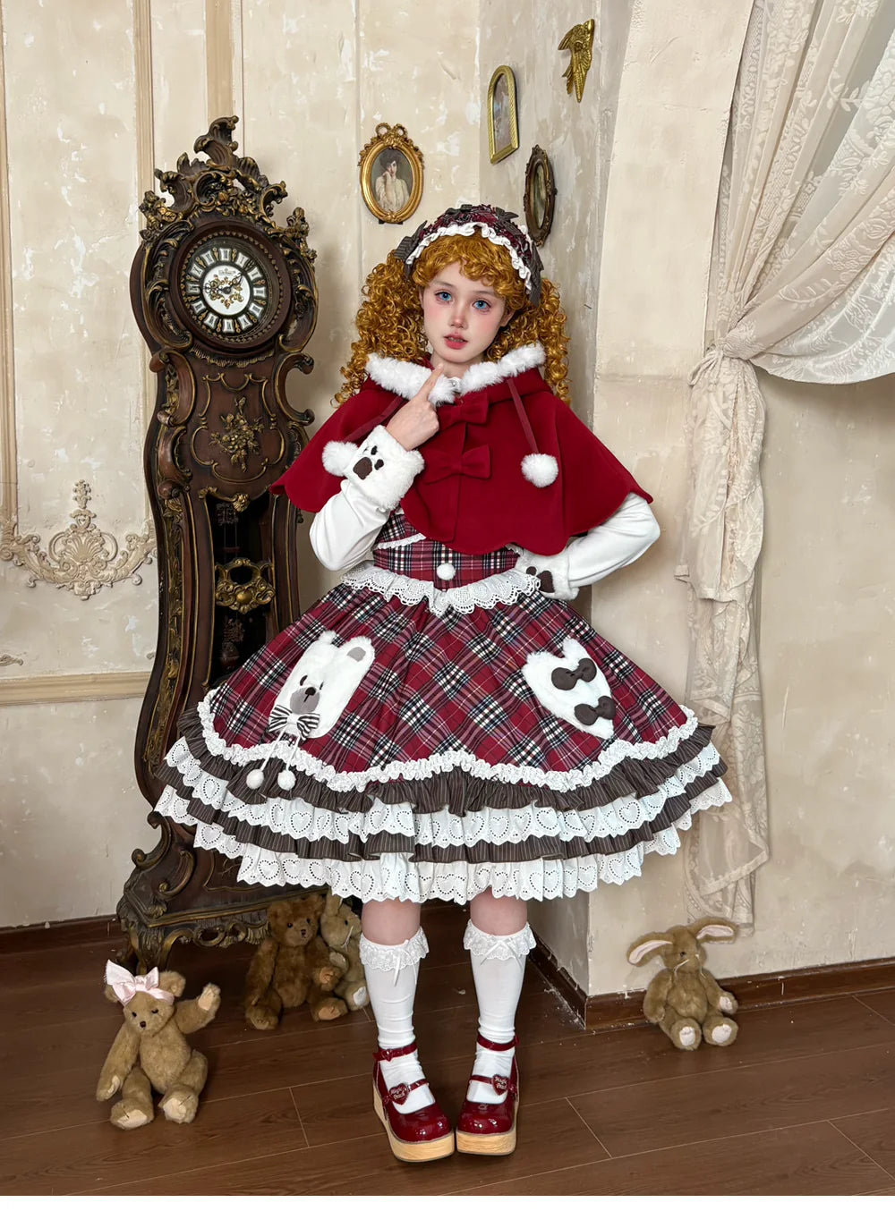 Winter Sweet Lolita Cape & JSK Dress Set, Teddy Bear Patch (L M S XL) 45974:870026