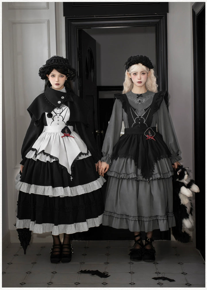 With PUJI~Castle Night~Gothic Twins Lolita OP Three-tiered Embroidery Dress