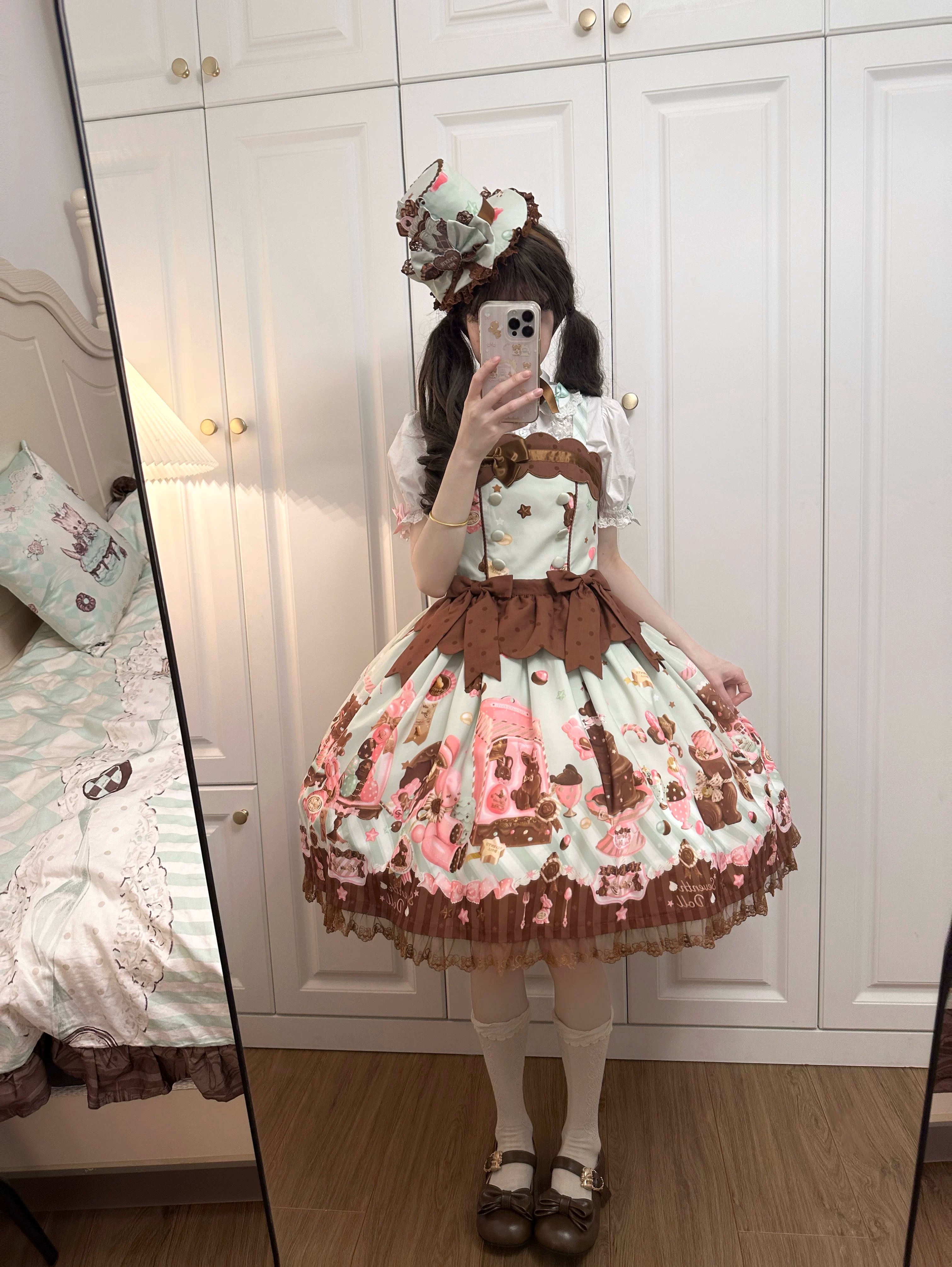 Chocolate Bunny - Printed Kawaii Lolita JSK, Short-sleeved Dress 44614:814877