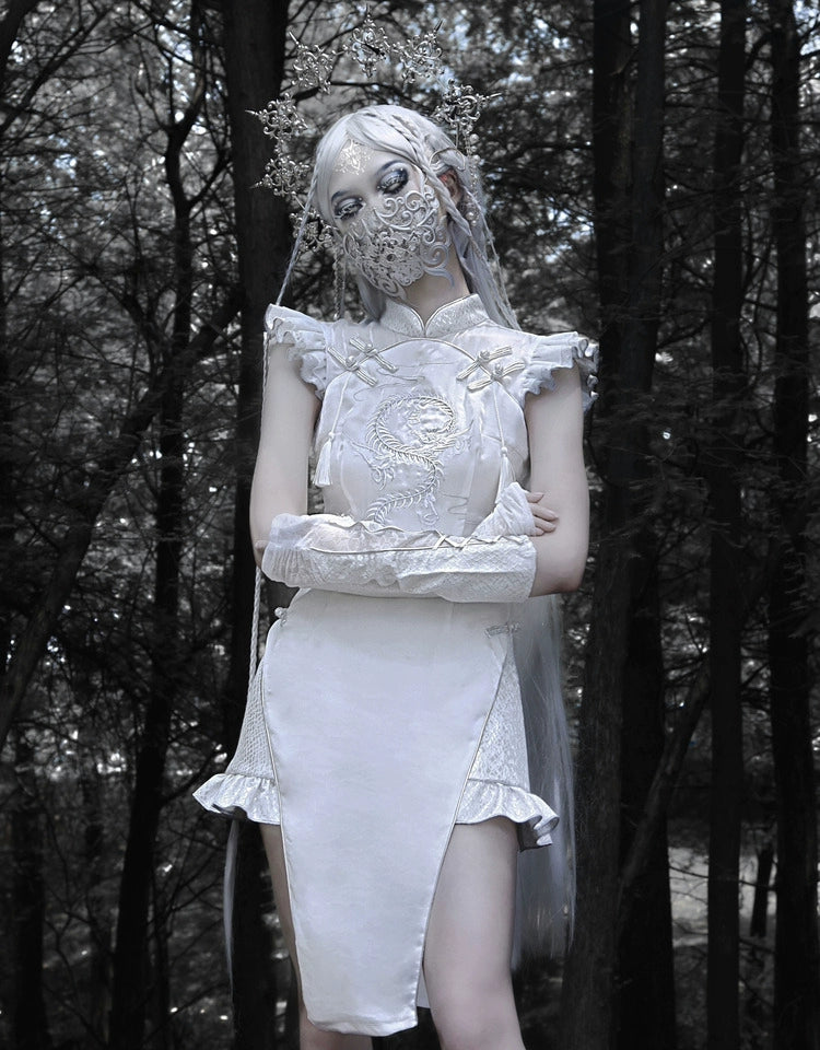 Blood Supply~Silver Dragon~Han Lolita Cheongsam White Dragon Embroidery Slit Qipao Dress   