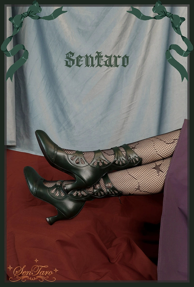 Sentaro~Floral Carved~Vintage Lolita Shoes Mary Jane Hollow-out Ankle Boots 41822:714884