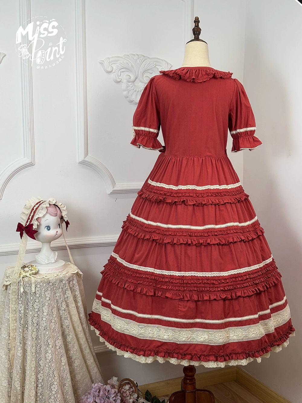 Miss Point~Cat Rose Tea~Elegant Lolita OP Open-front Short Sleeve Tiered Dress 42135:727834