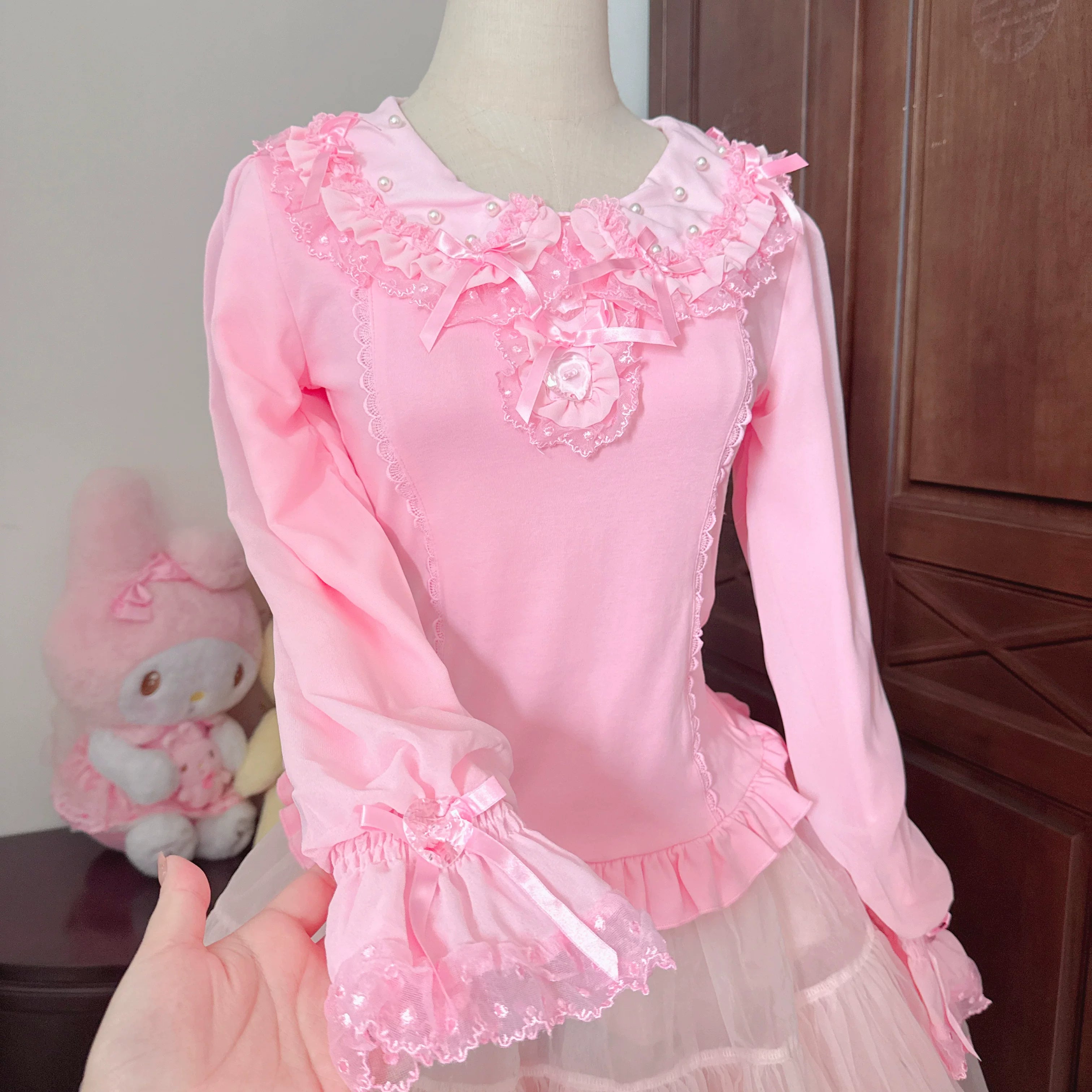 Sea Coconut - Cotton Old School Lolita Peter Pan Collar Blouse with Lace Hot Pink - Long Sleeve Blouse Small