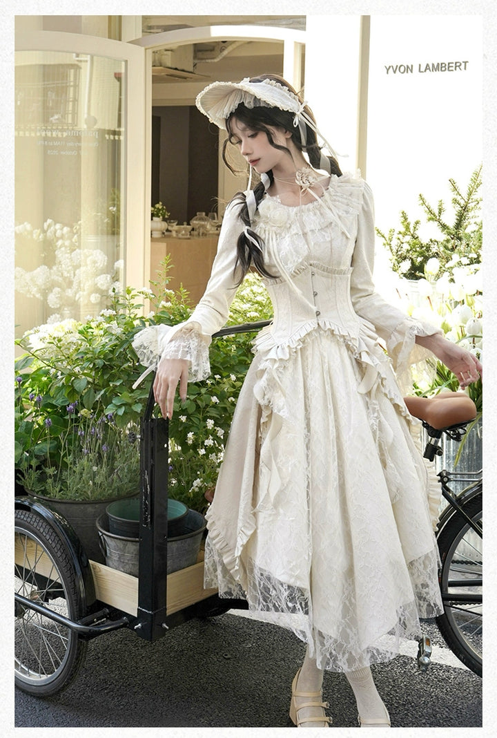 With PUJI~White Tea~Classic Lolita OP Dress with Irregular Design and Fishbone Waistband