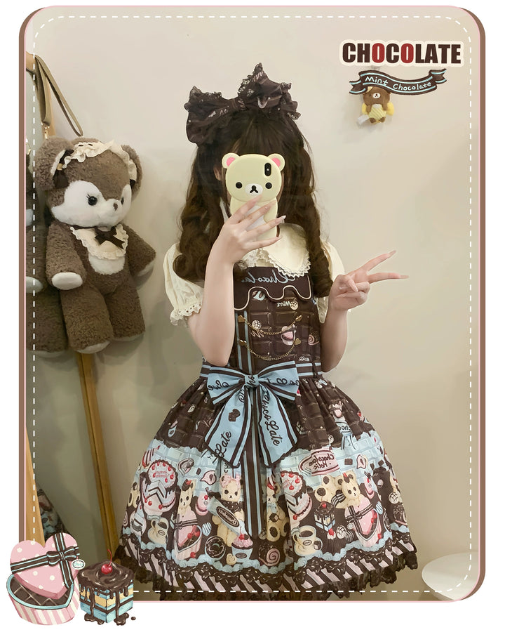 Sweet Dream Sheep~Chocolate Bear~Sweet Lolita Salopette High Waist Dress   