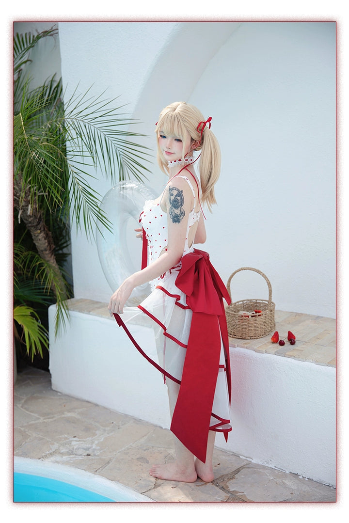 Tan Tuan~Heartbeat Melody~Red & White Lolita-Inspired Swimsuit Set 42997:761404