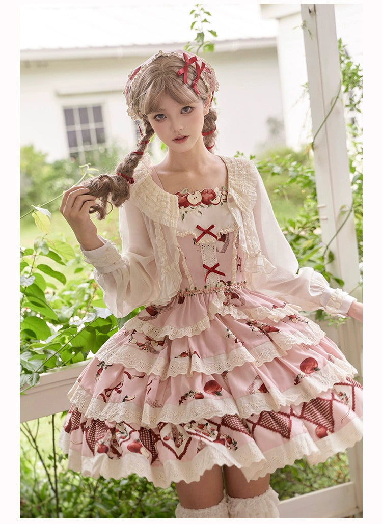 With PUJI~Apple Orchard~Country Lolita SK Embroidered Twins Lolita Top Skirt   