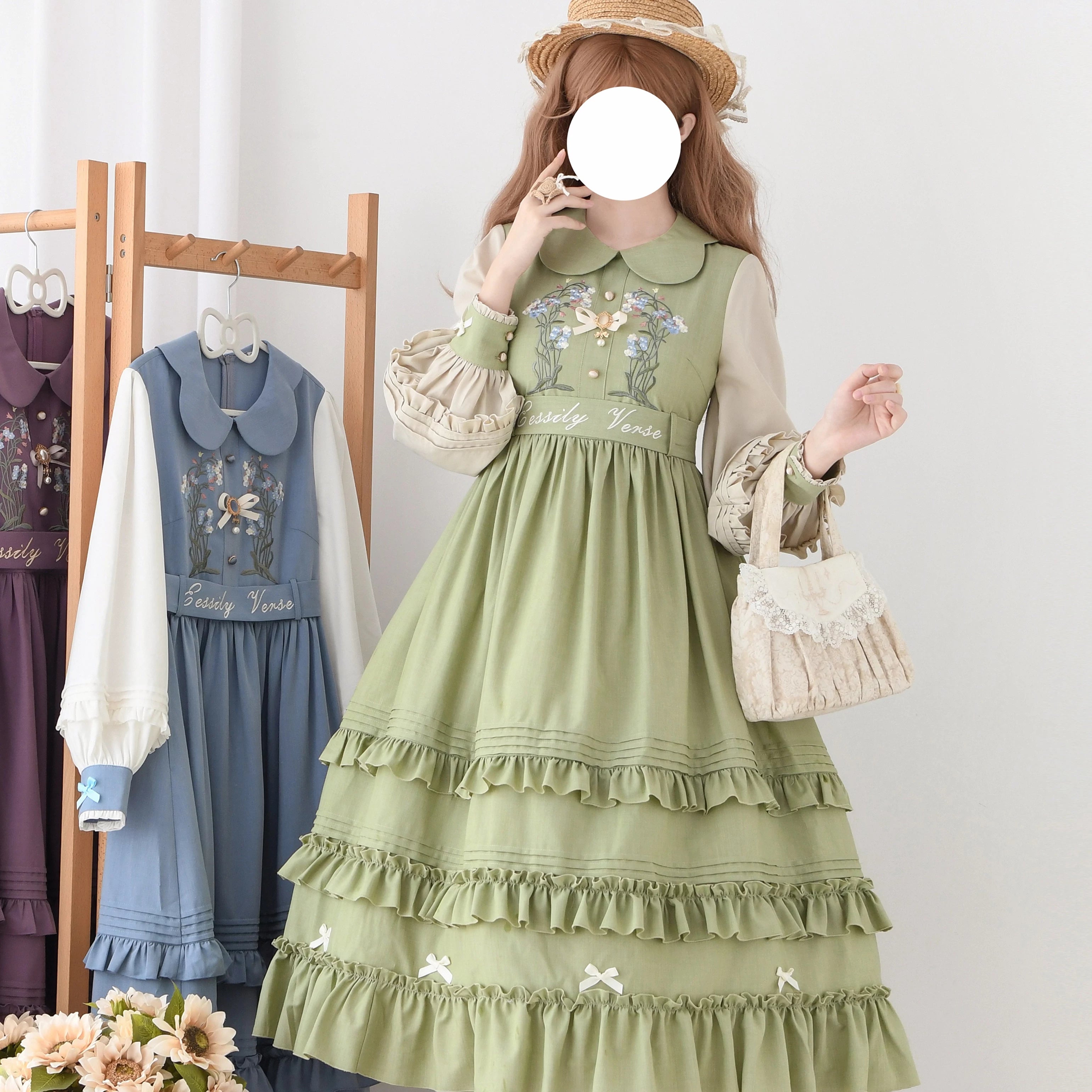 Verdant Name - High-waisted Classic Lolita Dress, Embroidered Bellflower