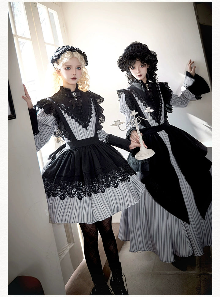 With PUJI~Nocturne SP~Striped Gothic Lolita OP Twin Lolita Dress with Apron