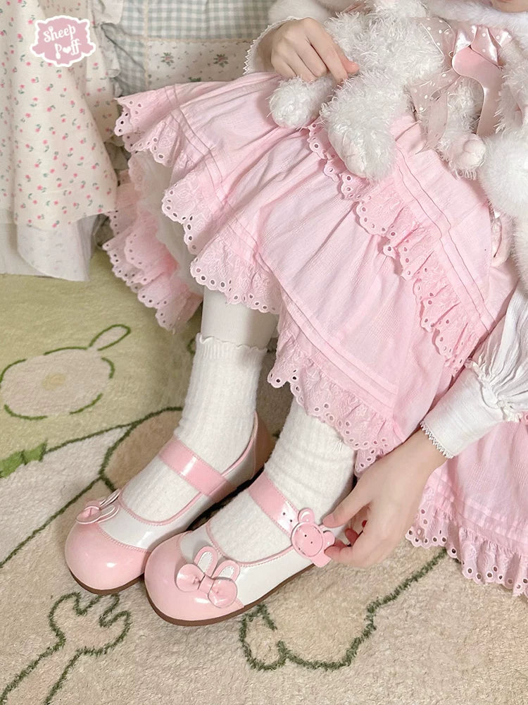 Bunny Milk Candy - Kawaii Lolita Flat Shoes, 3D Bunny Ear Bow