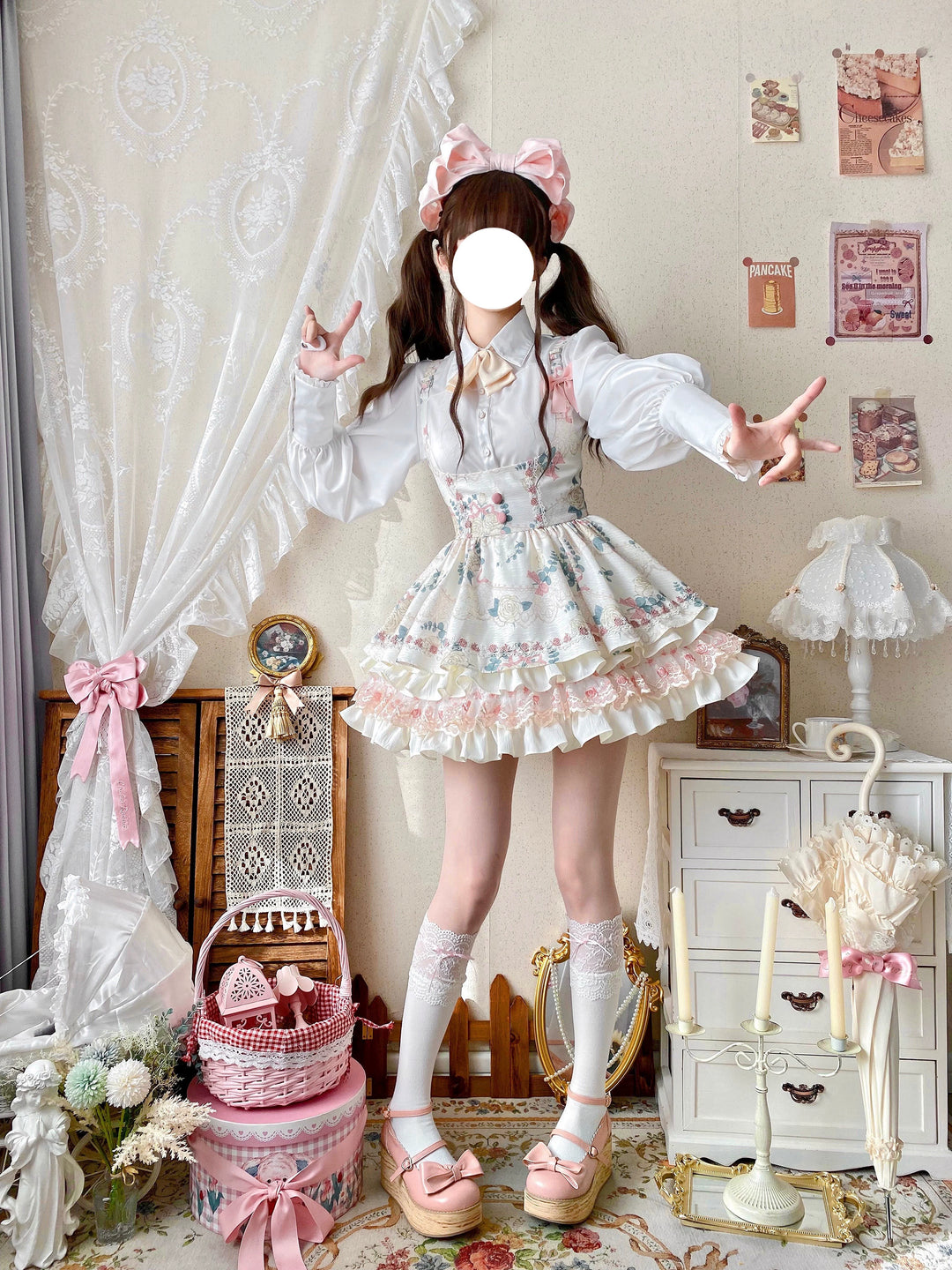 Qianmu~Rose Cream~Sweet Lolita Dress Fishbone Tiered Bust-supporting Dress   