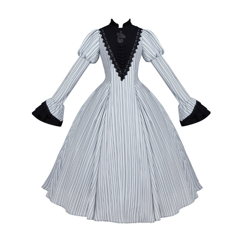 With PUJI~Nocturne SP~Striped Gothic Lolita OP Twin Lolita Dress with Apron (L M S XL) 42192:731210